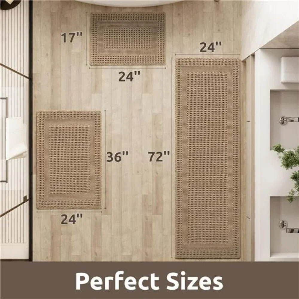 Beige Waffle Bath Mat 17x24 Soft Absorbent Non Slip Washable Boho Bathroom Rug